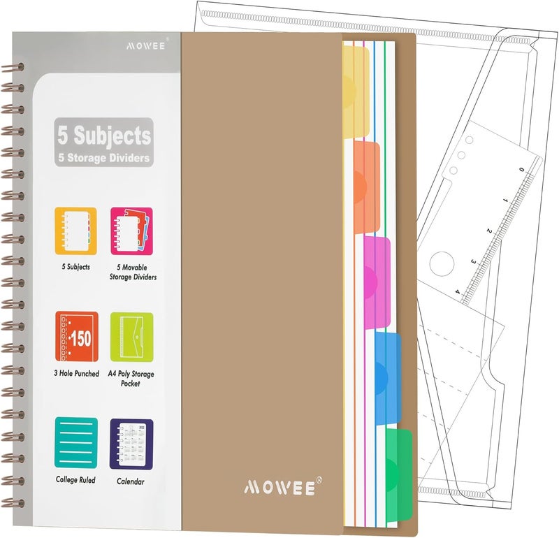 MOWEE 5 Subject Notebook - Spiral Notebook, College Ruled Notebook With Dividers Pocket, Tabs, 11" Ruler, 300 Pages, for Writing Journal, Home & Office, School Supplies, 8.5x11'' CoCo Brown150 Sheets - Image 1